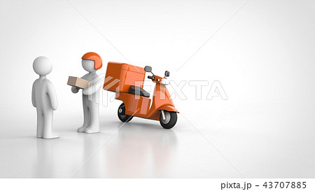 バイク便配達員とバイク　受け渡し　右コピースペース 43707885