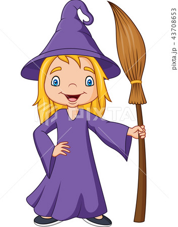 Cartoon little witch holding broomstick 43708653