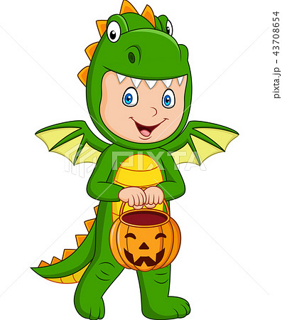 Cartoon kid with Halloween dragon costume holding  43708654