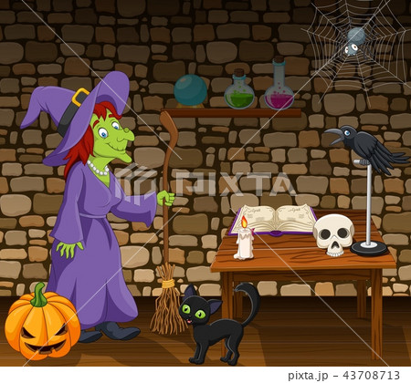 Cartoon witch holding a broomstick in the room 43708713