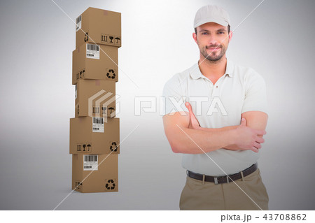 Composite image of delivery man standing arms crossed Composite image of delivery man standing arms crossed 43708862