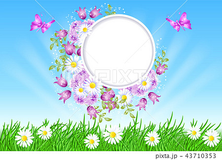 Summer landscape with sun rays and round frame Summer landscape with sun rays and round frame 43710353