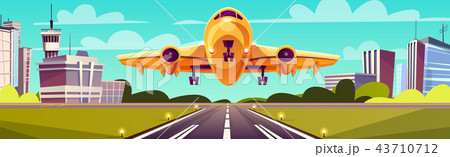 Vector cartoon yellow airliner, jet over runway Vector cartoon yellow airliner, jet over runway 43710712