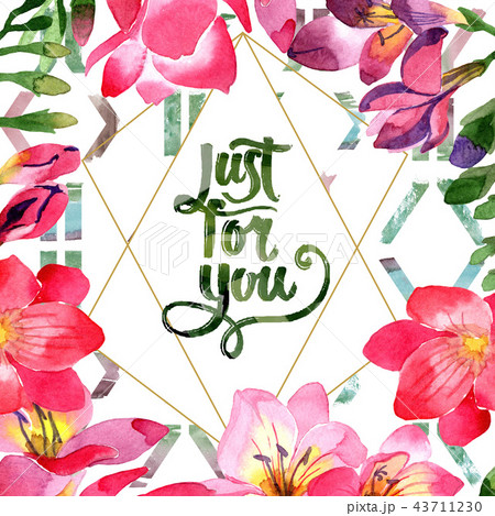 Watercolor pink freesia flower. Floral botanical flower. Frame border ornament square. 43711230