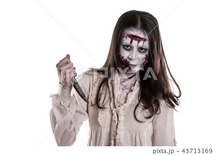 female zombie holding knife isolated over white 43713169