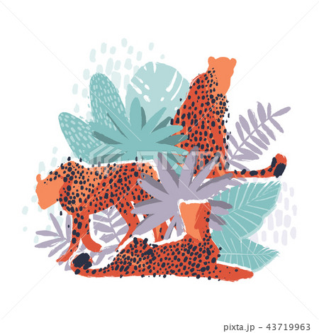 Vector graphic cheetah surrounded by exotic plants 43719963