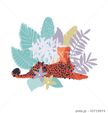 Vector graphic cheetah surrounded by exotic plants 43719974