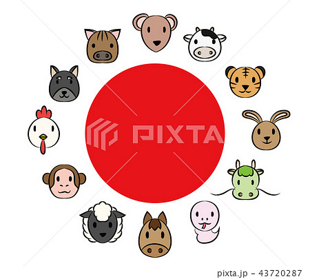 日の丸を囲む十二支の顔アイコンのイラスト素材
