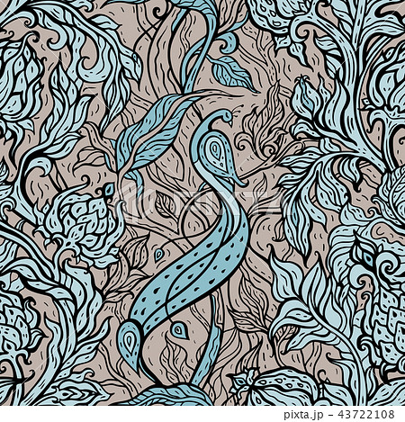 Paradise Bird in magic garden. Hand drawn seamless pattern. 43722108