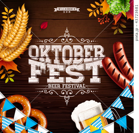 Oktoberfest Banner Illustration with Typography Lettering and Fresh Beer on Vintage Wood Background 43723681