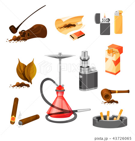 Flat vector set of items related to smoking theme. Tobacco and pipes, cigars, hookah and vape 43726065