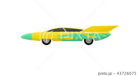 Flat vector icon of bright yellow racing car with green wrap decal, side view. Fast sports vehicle 43726075