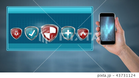 Antivirus security protection shields and hand holding phone 43731124