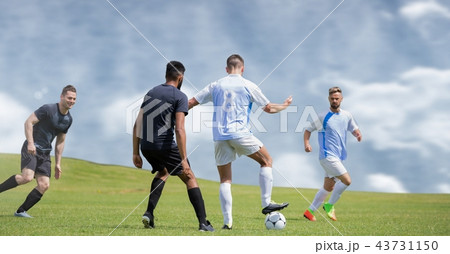Soccer players kicking football on grass 43731150