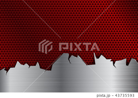 Red metal perforated background with stainless steel element with torn edges 43735593