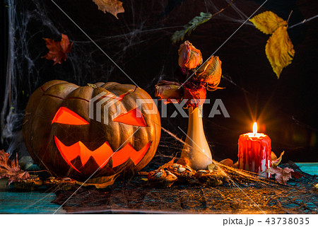 Halloween photo of table with pumpkin, biscuits, dried flowers, burning candle 43738035