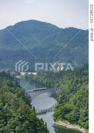 只見川第一橋梁ビューポイント自然の緑が美しいJR只見線日向倉山赤羽根山 43738629