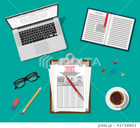 Clipboard with survey or exam forms and pen. 43738801