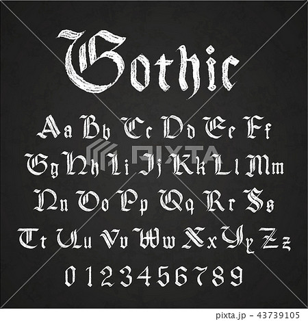 Old hand drawn gothic letters drawing with white chalk on black chalkboard Old hand drawn gothic letters drawing with white chalk on black chalkboard 43739105