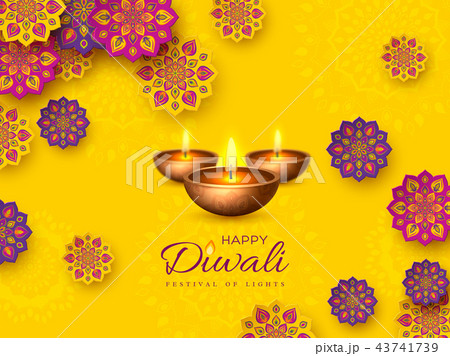 Diwali festival holiday design with paper cut style of Indian Rangoli and diya - oil lamp. Purple 43741739