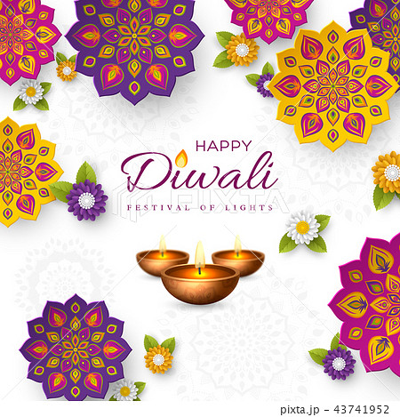 Diwali festival holiday design with paper cut style of Indian Rangoli, flowers and diya - oil lamp Diwali festival holiday design with paper cut style of Indian Rangoli, flowers and diya - oil lamp 43741952