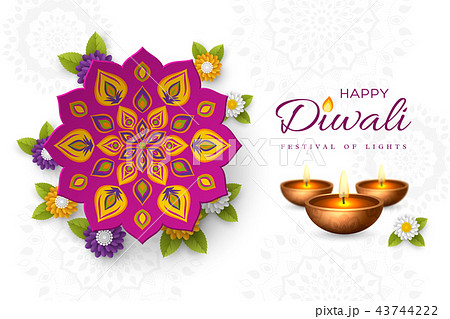 Diwali festival holiday design with paper cut style of Indian Rangoli, flowers and diya - oil lamp Diwali festival holiday design with paper cut style of Indian Rangoli, flowers and diya - oil lamp 43744222