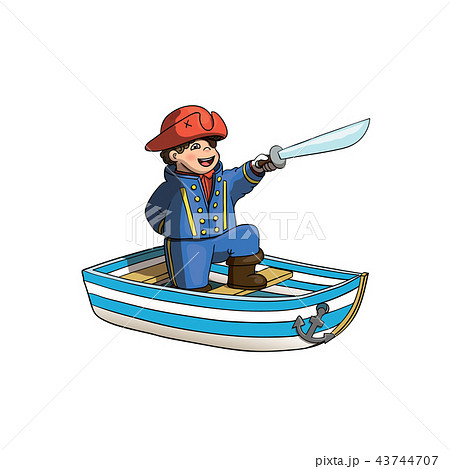 Pirate Kid on Boat with Saber and Red Pirate Hat. 43744707