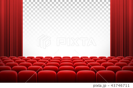 White cinema theatre screen with red curtains and chairs White cinema theatre screen with red curtains and chairs 43746711