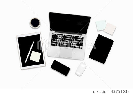 Office table with computer, tablet, mobile phone. 43751032