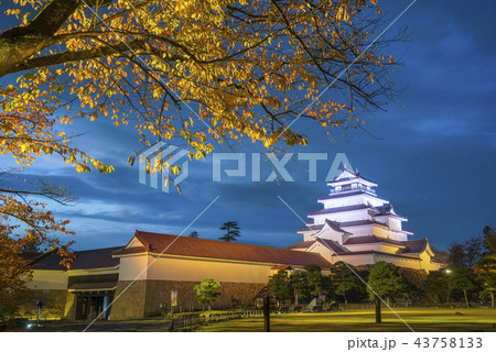 史跡若松城址鶴ヶ城本丸天守閣と秋の夜空に輝く紅葉ライトアップ 43758133