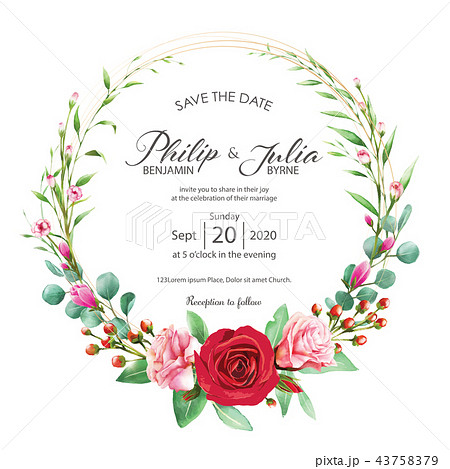 Flower Wedding Invitation Card 花模様 結婚式招待状 水彩画 のイラスト素材