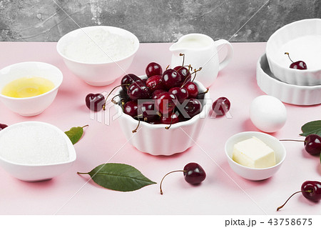 Ingredients for cherry pie - milk, butter, eggs 43758675