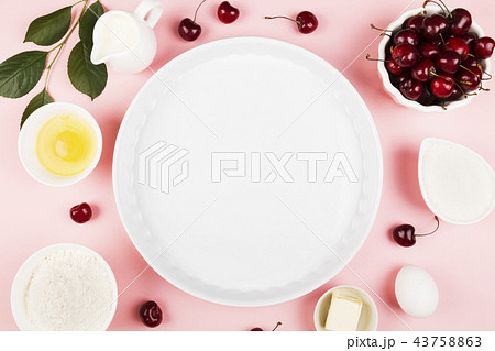 Ingredients for cherry pie - milk, butter, eggs 43758863
