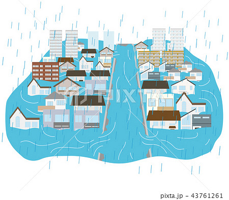 大雨で河川が決壊して浸水する街のイラスト素材