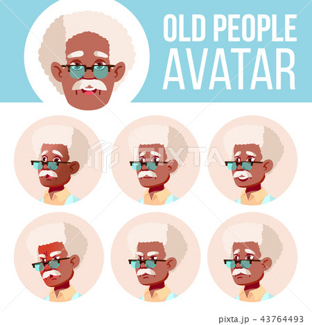 Old Man Avatar Set Vector. Black. Afro American. Scientist, Doctor. Face Emotions. Senior Person Old Man Avatar Set Vector. Black. Afro American. Scientist, Doctor. Face Emotions. Senior Person 43764493