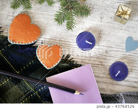 Winter composition from handmade hearts, New Year  43768526