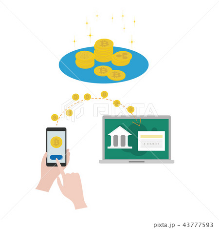 仮想通貨で銀行に送金する図のイラスト素材