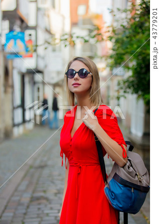 Young lady in dress on medieval street of Bremen 43779201