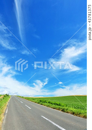 北海道 夏の青空と直線道路の写真素材