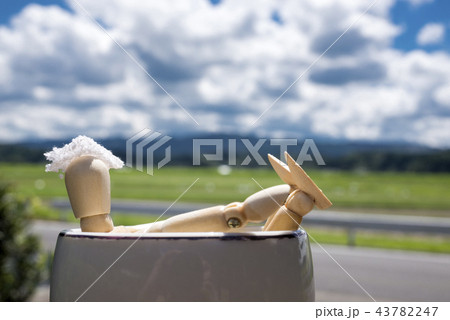 自然をバックに風呂に入っている木の人形 自然をバックに風呂に入っている木の人形 43782247