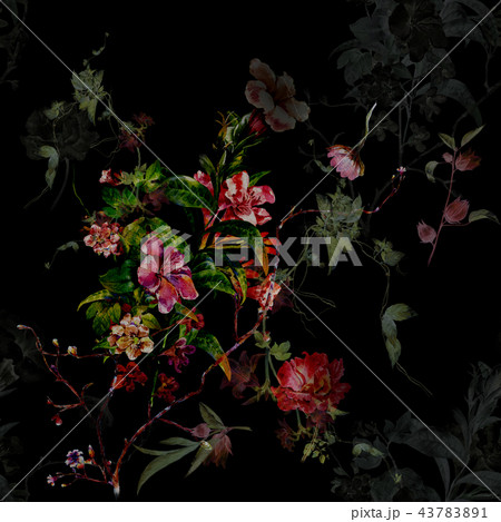 Watercolor painting of leaf and flowers, seamless  43783891