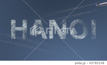 Flying airplanes trails and Hanoi caption. Traveling to Vietnam conceptual 3D rendering 43785248
