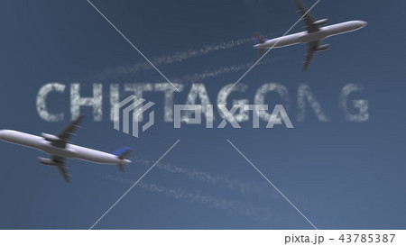 Flying airplanes trails and Chittagong caption. Traveling to Bangladesh conceptual 3D rendering 43785387