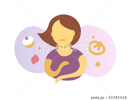 Young woman on a diet with images of unhealthy food floating around her head. Flat vector 43785428