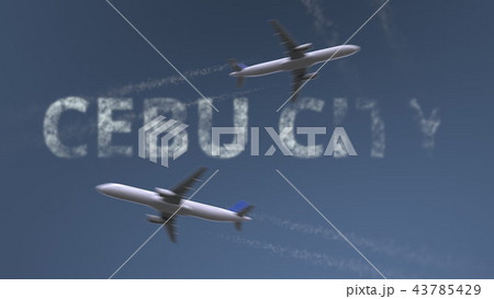 Flying airplanes trails and Cebu City caption. Traveling to Philippines conceptual 3D rendering 43785429