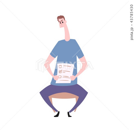 Funny cartoon man holding answer sheet in front of him. Flat vector illustration. Isolated on white 43785430