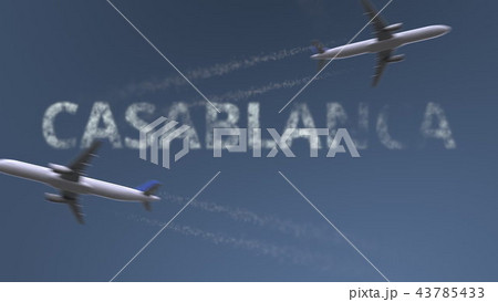 Flying airplanes trails and Casablanca caption. Traveling to Morocco conceptual 3D rendering 43785433