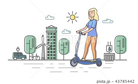 Young Blonde Girl Riding Electric Scooterboard のイラスト素材