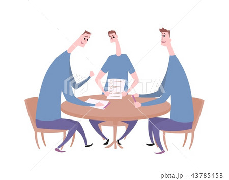 Tree guys having a conversation at the table. Business meeting, job interview, negotiation. Flat 43785453