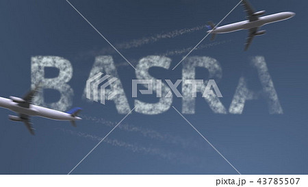 Flying airplanes trails and Basra caption. Traveling to Iraq conceptual 3D rendering Flying airplanes trails and Basra caption. Traveling to Iraq conceptual 3D rendering 43785507